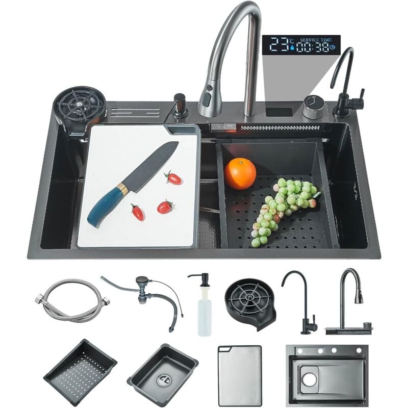 Suguword - vier Cuisine Évier à cascade numérique évier en acier inoxydable avec distributeur de savon robinet extractible Jeu complet d'accessoires
