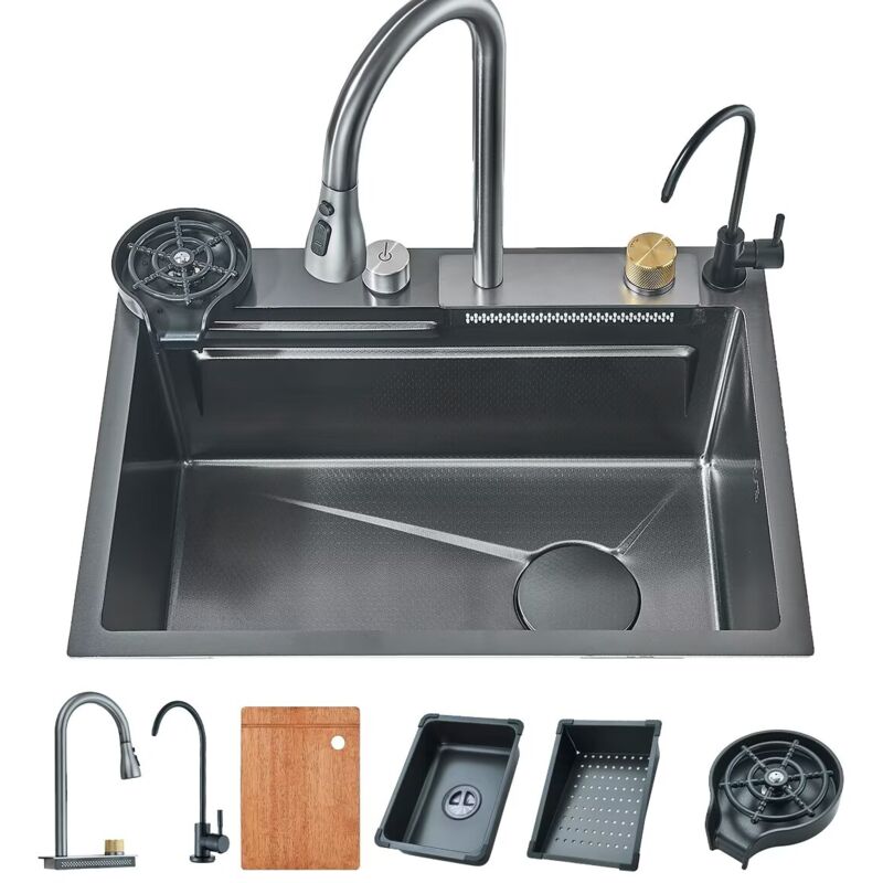 Onyzpily - Evier Cuisine Evier Multifonction avec Haute Pression Robinet Cuisine Bec Extractible et eau Pure Evier Inox Rince Verr Evier Automatique