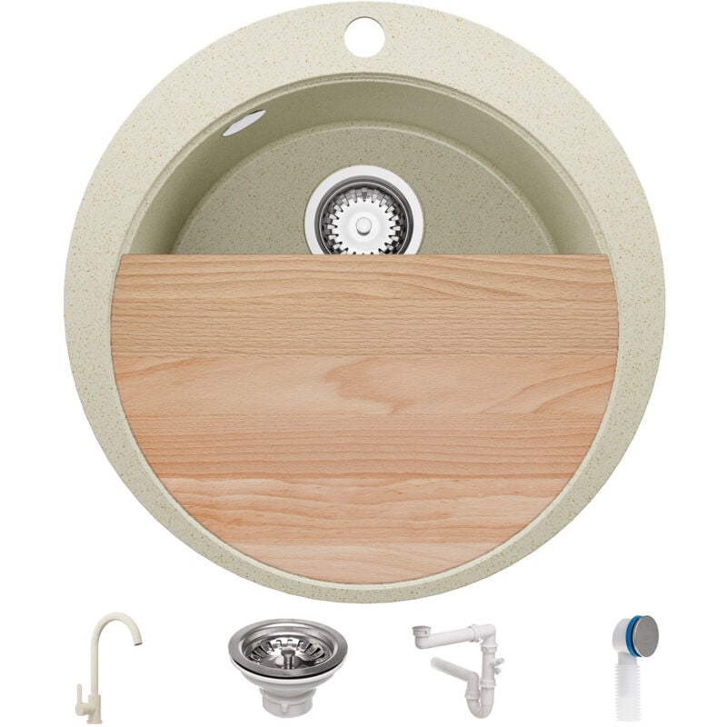 Evier cuisine Granit Rond Beige 53x53cm, Evier 1 bac + Kit de Vidage + Robinet + planche à découper, Lavabo Cuisineau meuble 50cm - Pise Max Top de