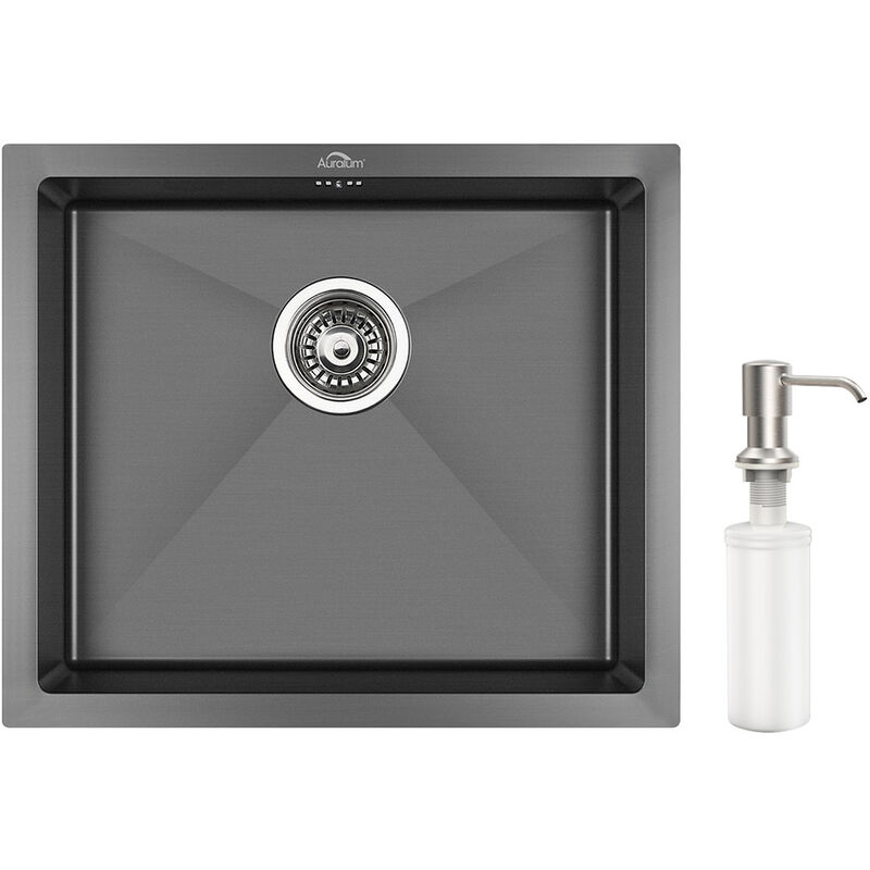 Vier Cuisine 1 Bac 50x43x18CM Évier Inox avec Siphon et Trop Plein et Distributeur de Savon Évier Noir Montage à Encastrer, à Fleur de Plan ou Sous