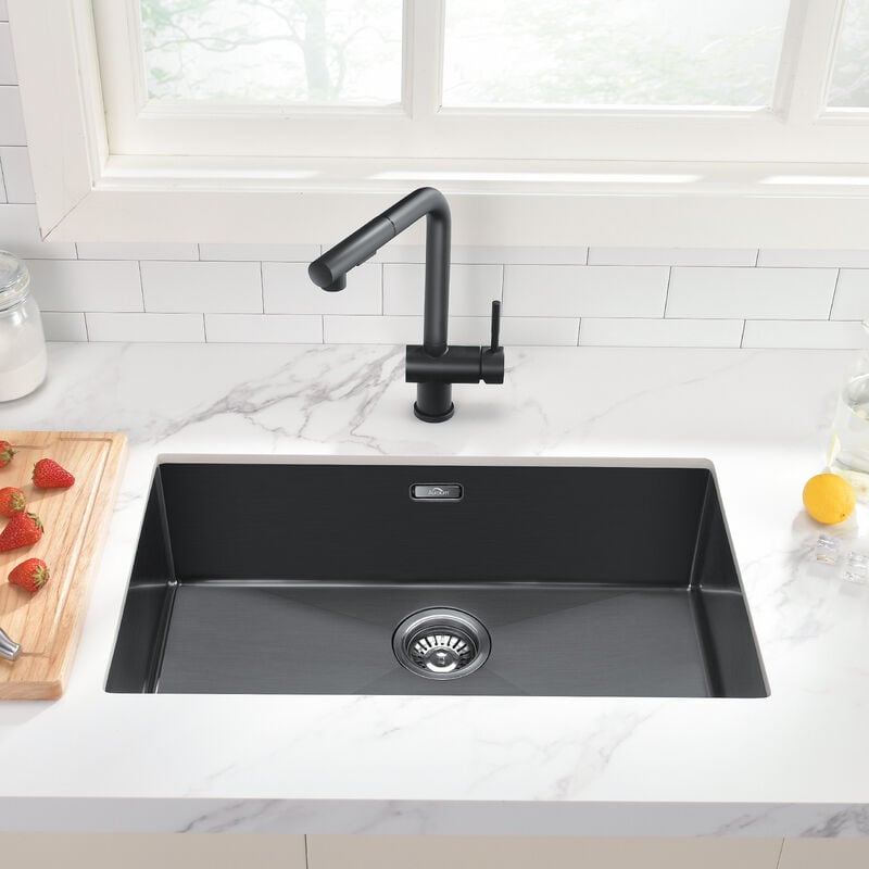 Auralum Évier 1 Bac 70x44x19CM Évier Cuisine Noir en Acier Inox avec Ensemble de Drainage, Evier Montage à Encastrer, à Fleur ou Sous plan