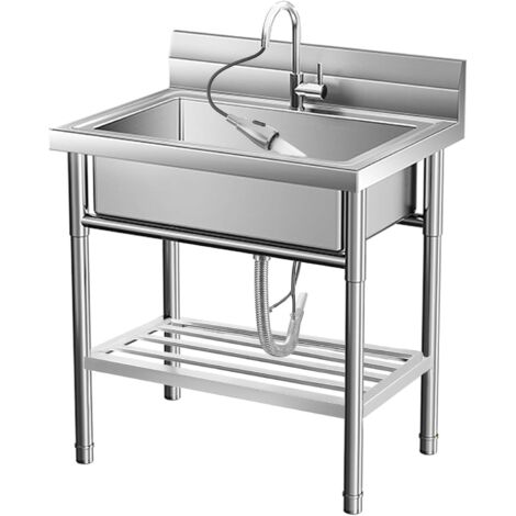 Évier Cuisine Utilitaire Commercial en Acier Inoxydable, Petit Évier Autoportant à Cuve Simple avec Robinet, pour Garage, Restaurant, Blanchisserie, Cuisine, Salle de Bain 50x50x86cm