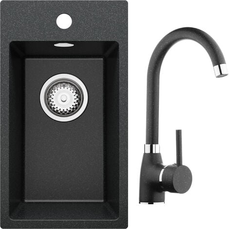 Évier Cusine en Granit 28x50 cm Lavabo Cuisine 1 Bac + Kit de Vidage + Robinet, Évier au meuble 30cm Évier à Encastrer de Primagran, Graphite