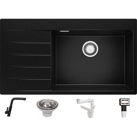 Évier Cusine en Granit 90x50 cm, Lavabo Cuisine 1 Bac + Kit de Vidage + Robinet, Évier au meuble 60cm, Évier à Encastrer de Primagran, Noir