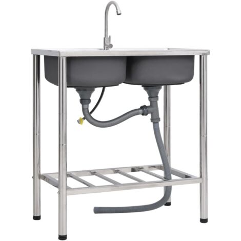 Évier de camping Double lavabo avec robinet-Vasque Acier inoxydable 424251