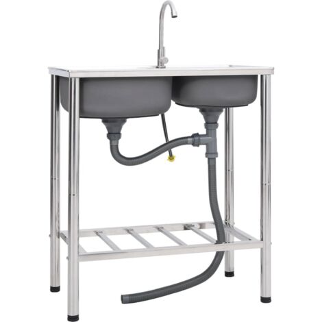 Évier de camping Double lavabo avec robinet,Evier 2 bacs Acier inoxydable -20223