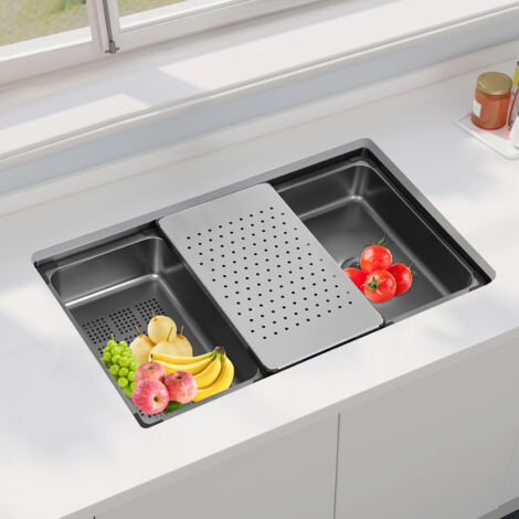 Évier de comptoir, 76 x 46 cm, évier de cuisine en acier inoxydable, évier encastrable en acier inoxydable, évier de cuisine pour camping-car, noir.