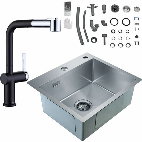 Évier de Cuisine 1 Bac, 50 x 45 x 18,5 cm, Évier de Cuisine Carré Inoxydable Brossé + Robinet de Cuisine Extractible, Noir + Galvanique, Avec 2 modes de sortie d'eau