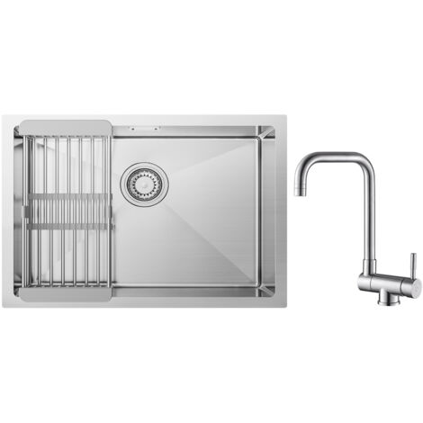 Évier de Cuisine 1 Bac Brossé avec Panier de Drainage 60×44cm + Cuisine Rabattable Robinet Pliable Mitigeur Sous Fenêtre Brossé