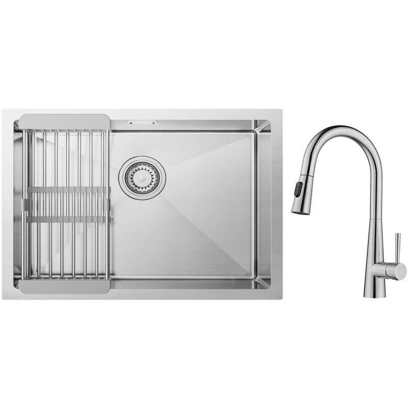 Cecipa Max - vier de Cuisine 1 Bac Brossé avec Panier de Drainage 60×44cm + Mitigeur de Cuisine avec Douchette Extractible, 3 Modes de Sortie D'eau,