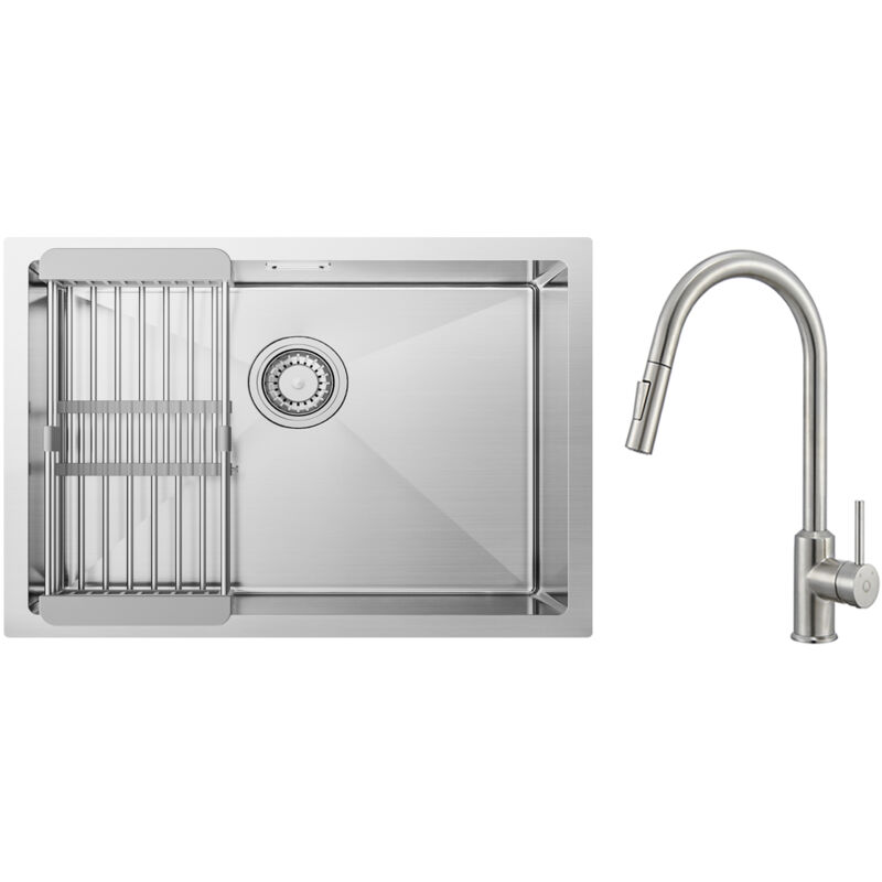 Cecipa Max - vier de Cuisine 1 Bac Brossé avec Panier de Drainage 60×44cm + Mitigeur de Cuisine avec Douchette Extractible Rotatif à 360 ° Brossé