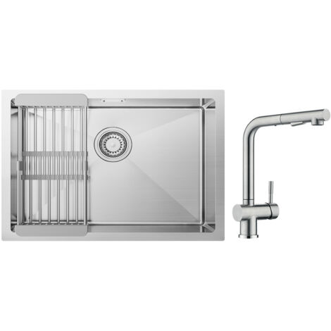 Évier de Cuisine 1 Bac Brossé avec Panier de Drainage 60×44cm + Robinets Cuisine avec Douchette Extractible, Mitigeur d'évier Brossé