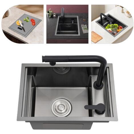 Évier de cuisine 30 x 45 cm, encastré, adapté aux comptoirs de cuisine et aux camping-cars, à cuve unique avec couvercle, système de siphon intégré, robinet coulissant, acier inoxydable, noir