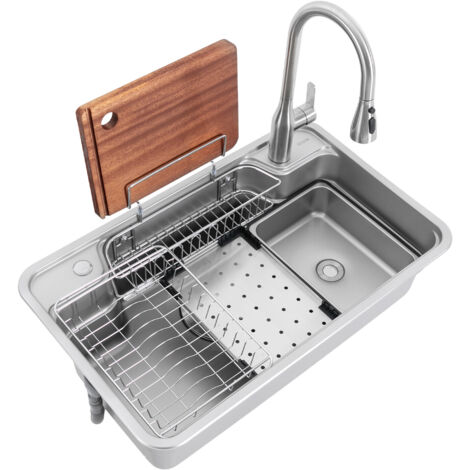 Évier de cuisine 780 x 480 x 230 mm, évier de comptoir ou de bar, en acier inoxydable, ensemble d'évier encastrable, avec robinet coulissant et planche à découper, couleur argent