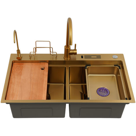 Évier de cuisine, 82 x 64 cm, double cuve, en acier inoxydable, avec robinet, à encastrer ou à poser, livré avec une planche à découper et des fixations, doré