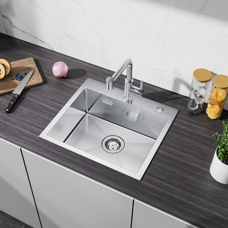 Cecipa - vier Cuisine 1 Bac 50 × 45 cm Évier Inox 304 Montage sur le Dessus/Montage à Plat Évier de Cuisine Brossé