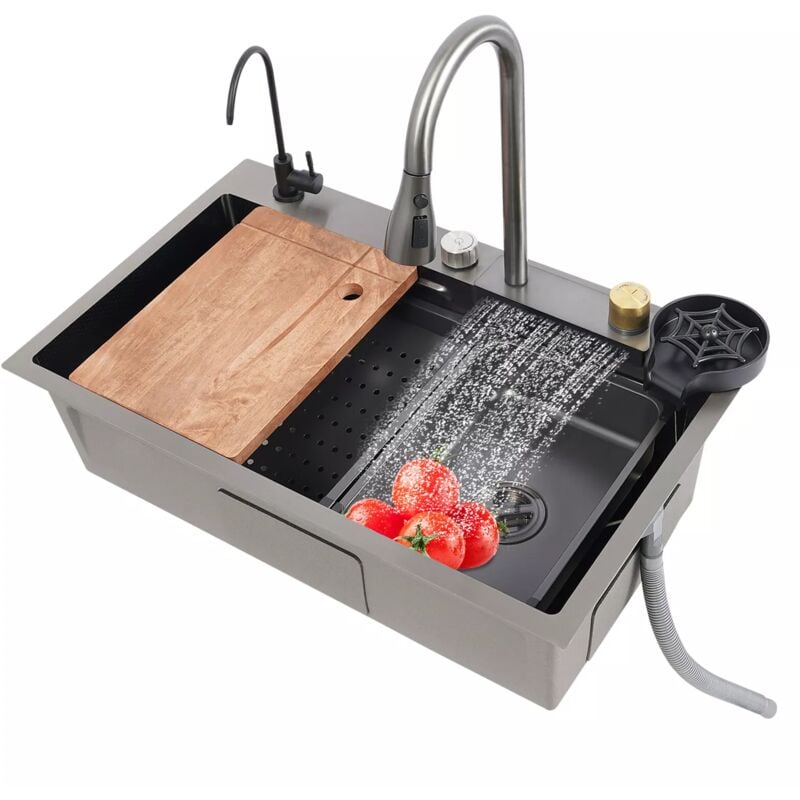 Gojoy - vier de cuisine à cuve unique, barre cascade, évier en acier Ino lavello 304 avec robinet amovible, ensemble d'évier de cuisine domestique de
