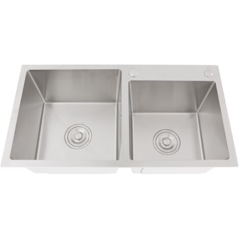 Évier de cuisine à double cuve argenté, en acier inoxydable avec revêtement nano, double cuve 75 x 40 cm, à encastrer sous plan, avec bouchon et crépine argentés