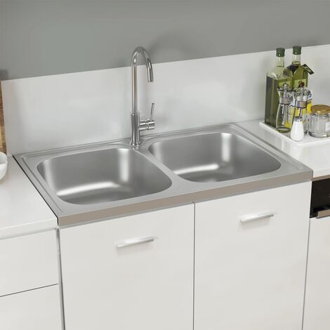 Évier de cuisine à double lavabo，Évier 2 Bacs，Vasque pour cuisine argenté 800x500x155 mm inox MEMV960769