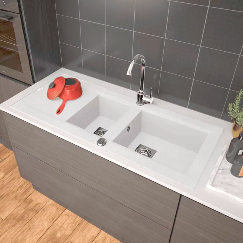 Evier de cuisine à encaster 1 cuve et demi bac en résine minérale Blanc 98 x 50 cm