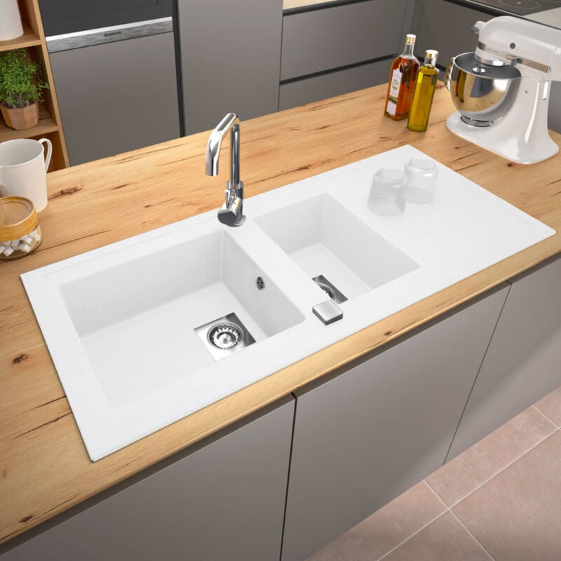 Pro Et Discount - Evier de cuisine à encaster 2 cuves bacs en résine minérale Blanc 117 x 50 cm
