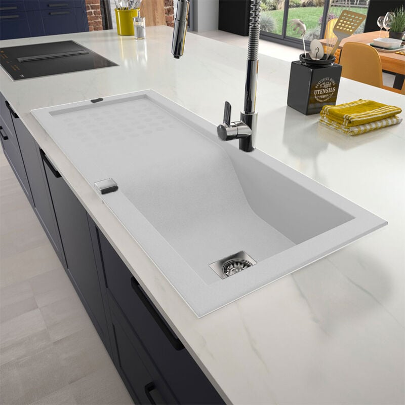 Pro Et Discount - vier de cuisine à encastrer 1 cuve avec égouttoir bac en résine minérale blanc 118 x 50 cm