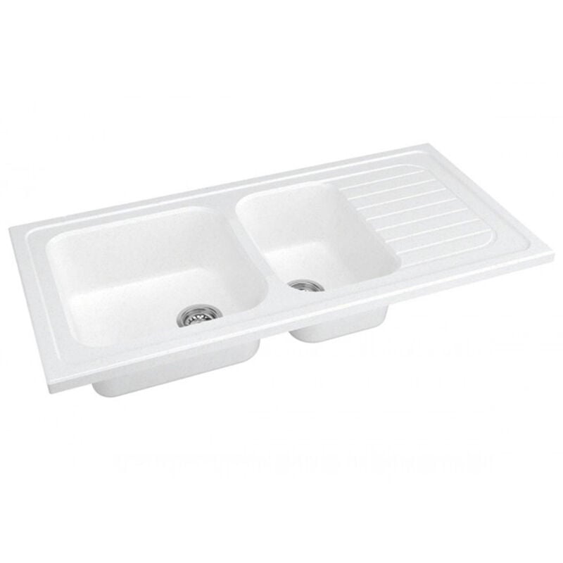 Évier de cuisine à encastrer 2 cuves avec égouttoir bac en résine minérale blanc 120 x 60 cm