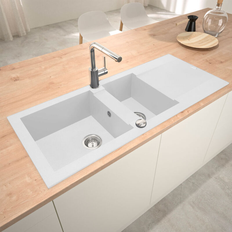 Vier de cuisine à encastrer 2 cuves bacs en résine minérale blanc 105 x 50 cm
