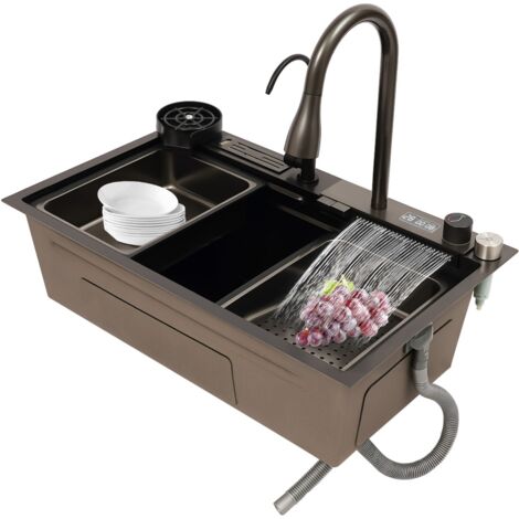 Évier de cuisine à un bassin 75 x 46 cm, en acier inoxydable 304, bassin à cascade intelligente, avec robinet rabattable et plan de travail intégré.