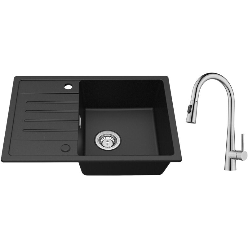 Cecipa Max - Evier de cuisine avec égouttoir Noir 65 x 45 cm Evier à encastrer Deux directions d'installation + Mitigeur de Cuisine avec Douchette