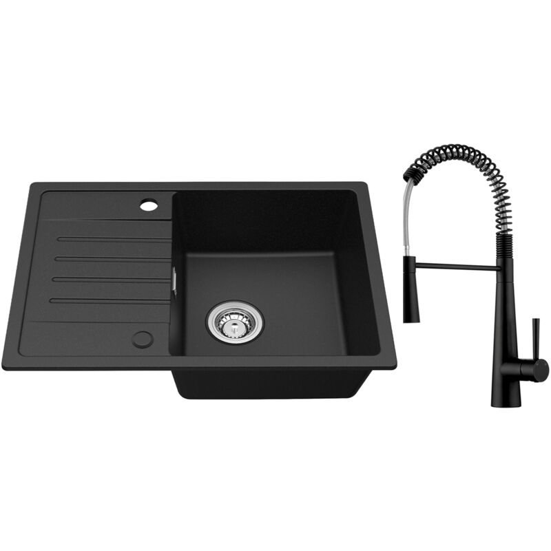 Cecipa Max - Evier de cuisine avec égouttoir Noir 65 x 45 cm Evier Deux directions d'installation + Noir Mitigeur Cuisine à Ressort avec 3 Modes de