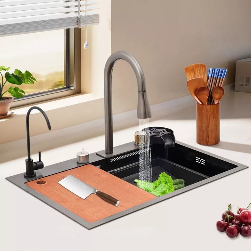 Evier de cuisine encastré Evier led noir inox 45x68 Set de robinetterie de cuisine