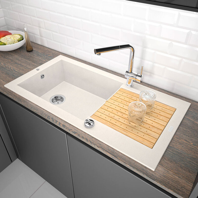 Pro Et Discount - vier de cuisine Blanc à encastrer 1 grande cuve avec égouttoir et soufflerie 90 x 50 cm