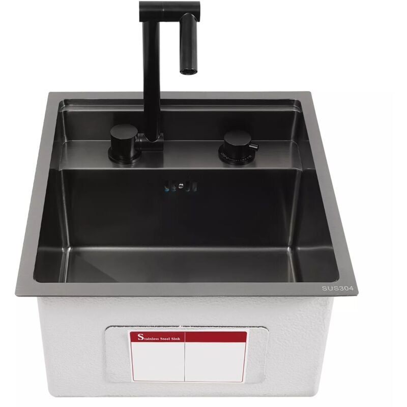 Gojoy - vier de Cuisine Caché Carré 43x39 cm, évier de Cuisine Encastrable Noir en Acier Inoxydable avec Robinet, Bol Simple avec Couvercle