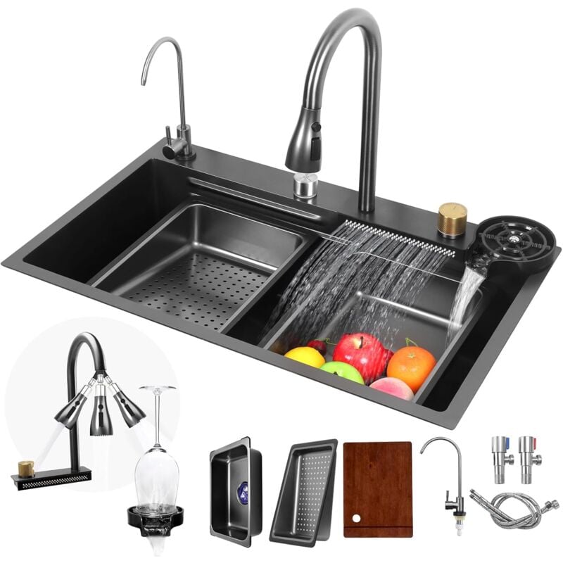Évier de Cuisine Cascade, Evier multifonction de Cuisine en Acier Inoxydable, Noir Gris Evier Cuisine Cascade Avec Rinceuse Tasses Robinet