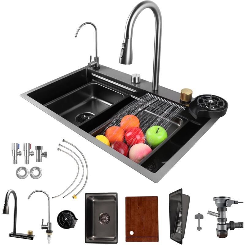 Brisunshine - vier de Cuisine Cascade Multifonctionnel, Éviers de Cuisine en Acier Inoxydable, Evier de Cuisine Nano Raindance Noir 1 Bac avec
