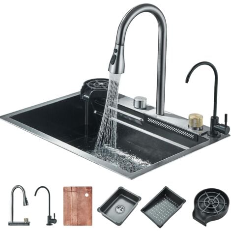 Évier de Cuisine Cascade Multifonctionnel,Éviers de Cuisine en Acier Inoxydable,Evier de Cuisine Nano Raindance gris 1 Bac avec Robinet de Cuisine Extractible Rinceuse en Verre(60x45cm)