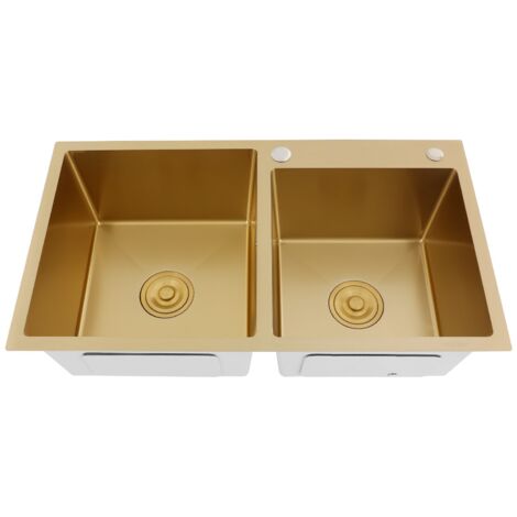 Évier de cuisine doré 80 x 45 cm, évier à double cuve, en acier inoxydable 304 avec revêtement nano, évier de bar avec bouchon doré et crépine, à poser ou à encastrer