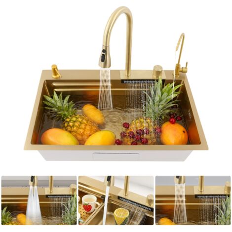 Évier de cuisine doré, évier de cuisine avec bec cascade, robinet coulissant, évier de cuisine moderne en acier inoxydable (75 x 46 cm)