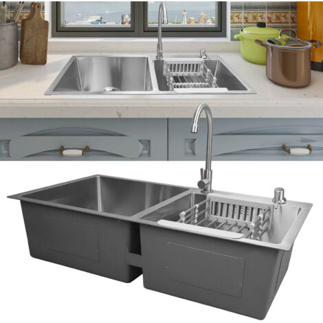Évier de cuisine double bassin professionnel moderne élégant avec robinet et distributeur de liquide vaisselle - Stainless Steel