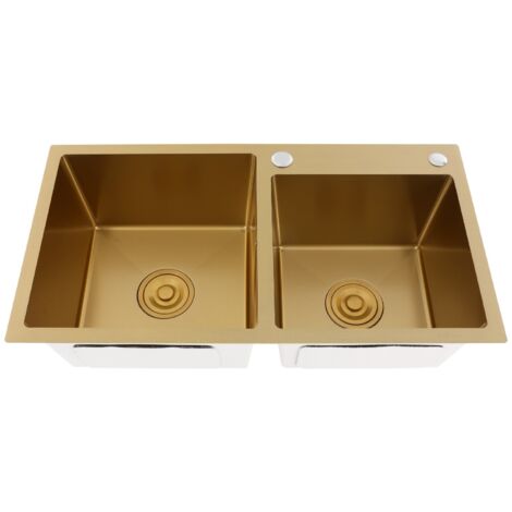 Évier de cuisine double cuve doré, en acier inoxydable avec revêtement nano, double cuve 75 x 40 cm, à encastrer sous plan, avec bouchon et crépine dorés