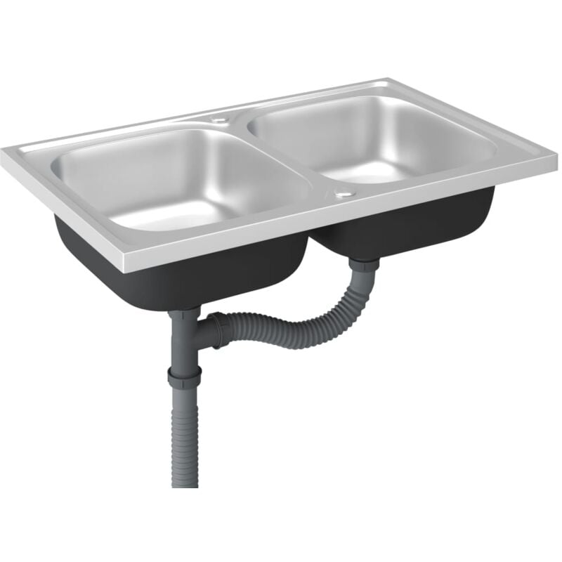 Evier de cuisine à double lavabo évier encastré lavabo de cuisine lavabo encastré maison intérieur argenté 80 x 50 cm acier inoxydable