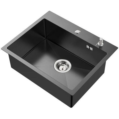Évier de cuisine en acier inoxydable 55 x 45 cm, évier encastré avec distributeur de savon, évier à poser, anthracite