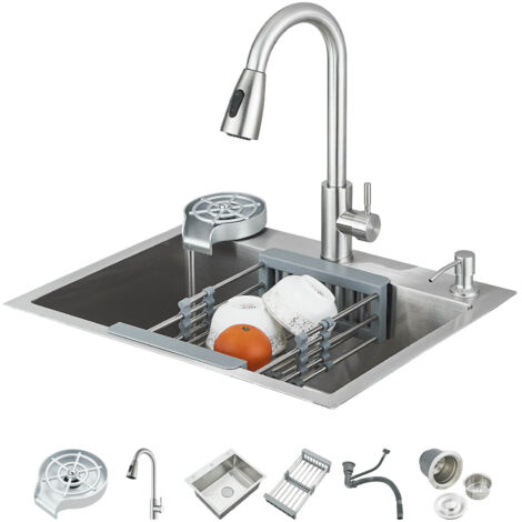 Évier de cuisine en acier inoxydable 60 x 45 cm avec 1 bac avec siphon Couleur acier inoxydable