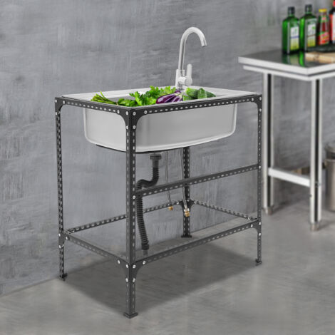 Évier de cuisine en acier inoxydable 71 x 46 x 75 cm - Évier à cuve unique - Évier de restaurant sur pied - Nettoyage - Avec robinet