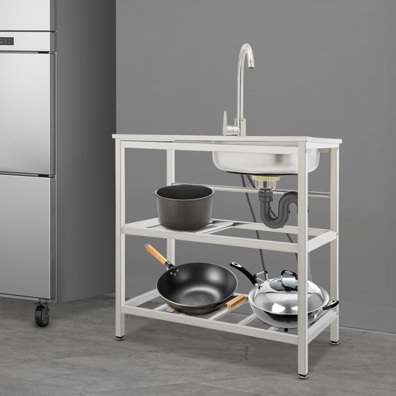 évier de cuisine en acier inoxydable avec placard, évier individuel avec robinet chaud et froid, avec étagère à 2 étages, évier de cuisine salle à