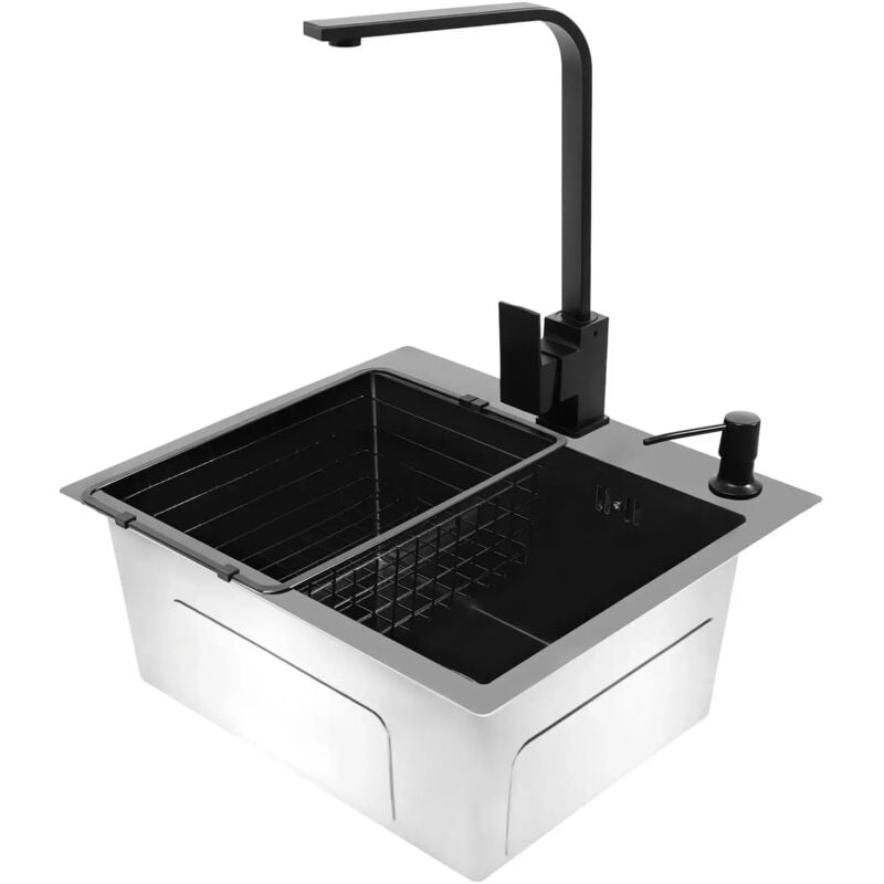 Évier de cuisine, en acier inoxydable, avec robinet rotatif à 180 °, distributeur de savon, panier d'évacuation, noir, 45 x 40 x 20 cm