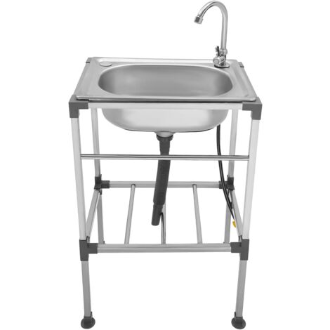 Évier de cuisine en acier inoxydable, Lavabo multifonction Avec robinet, Tuyau de descente, Évier autoportant commercial Pour cuisine et buanderie (argenté, 48 x 35 x 83 cm)