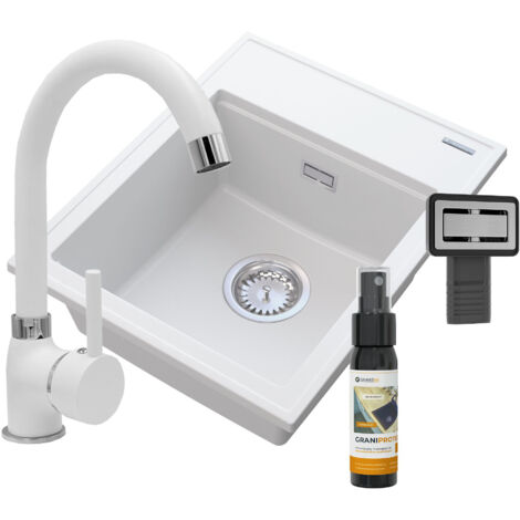 Évier de cuisine en granit 1 bac Alor Blanc + Mitigeur Beta Blanc + Siphon