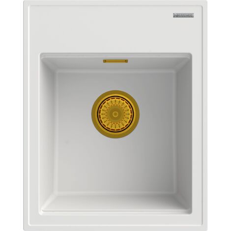 Évier de Cuisine en Granit 1 Bac Granitan Alor Blanc avec Siphon Rectangulaire Doré 50x40 cm